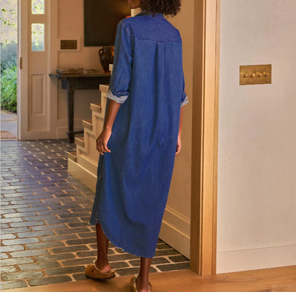 Women's Denim Button Down Shirt Dress Long Sleeve Maxi
