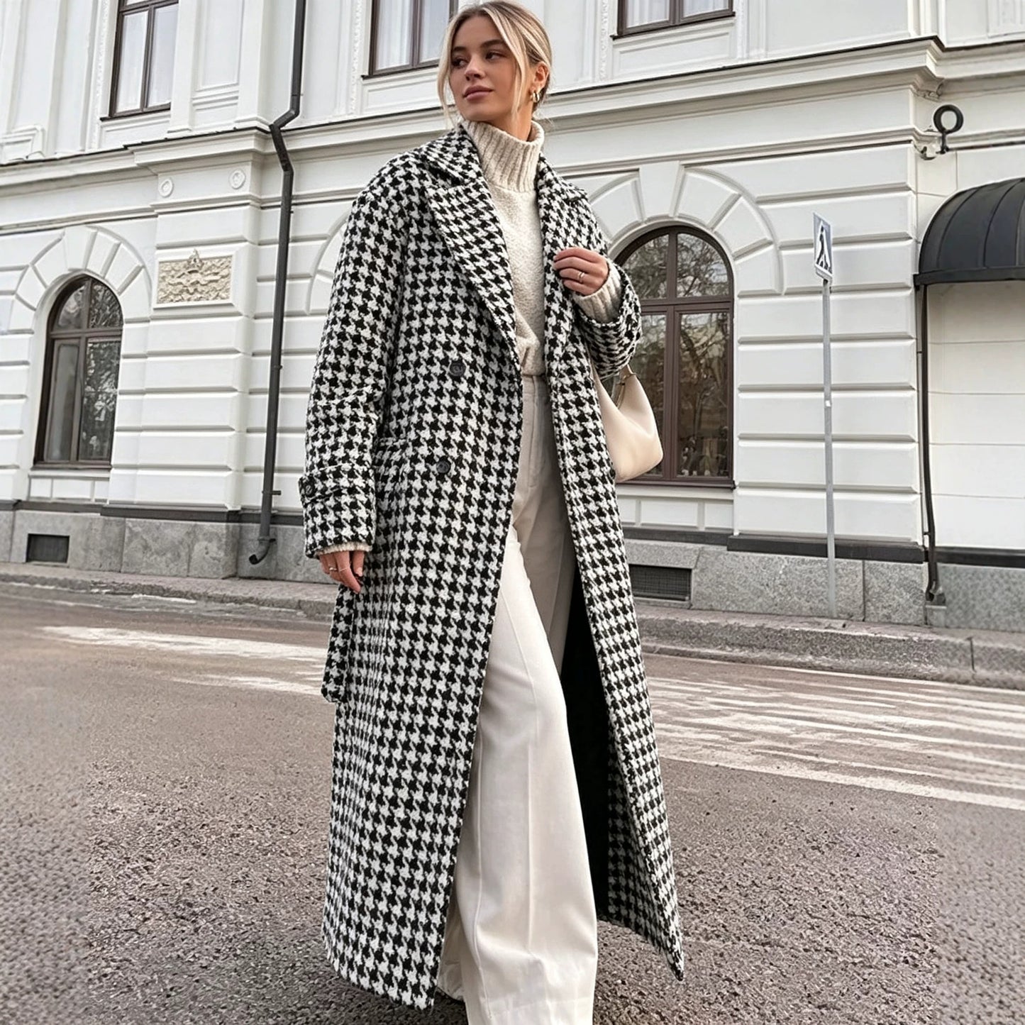 Women's Oversized Houndstooth Long Wool Blend Coat