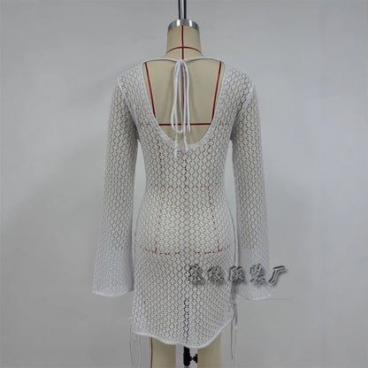 White Crochet Open Back Bell Sleeve Ruched Mini Dress