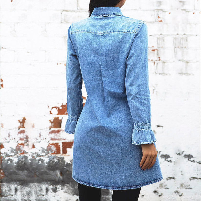 Vintage Denim Shirt Dress Long Sleeve Slim Fit Women