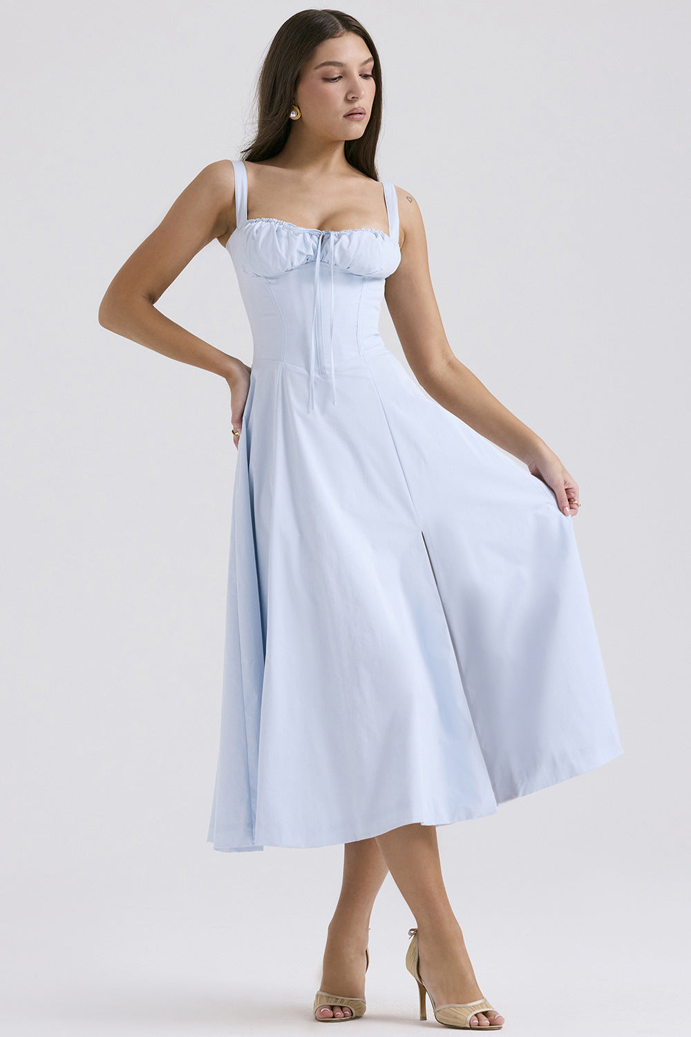 French Elegant Sleeveless Midi Dress Fit Flare Split