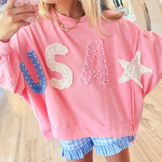 USA Patch Pearl Sweatshirt Batwing Sleeve Loose Fit