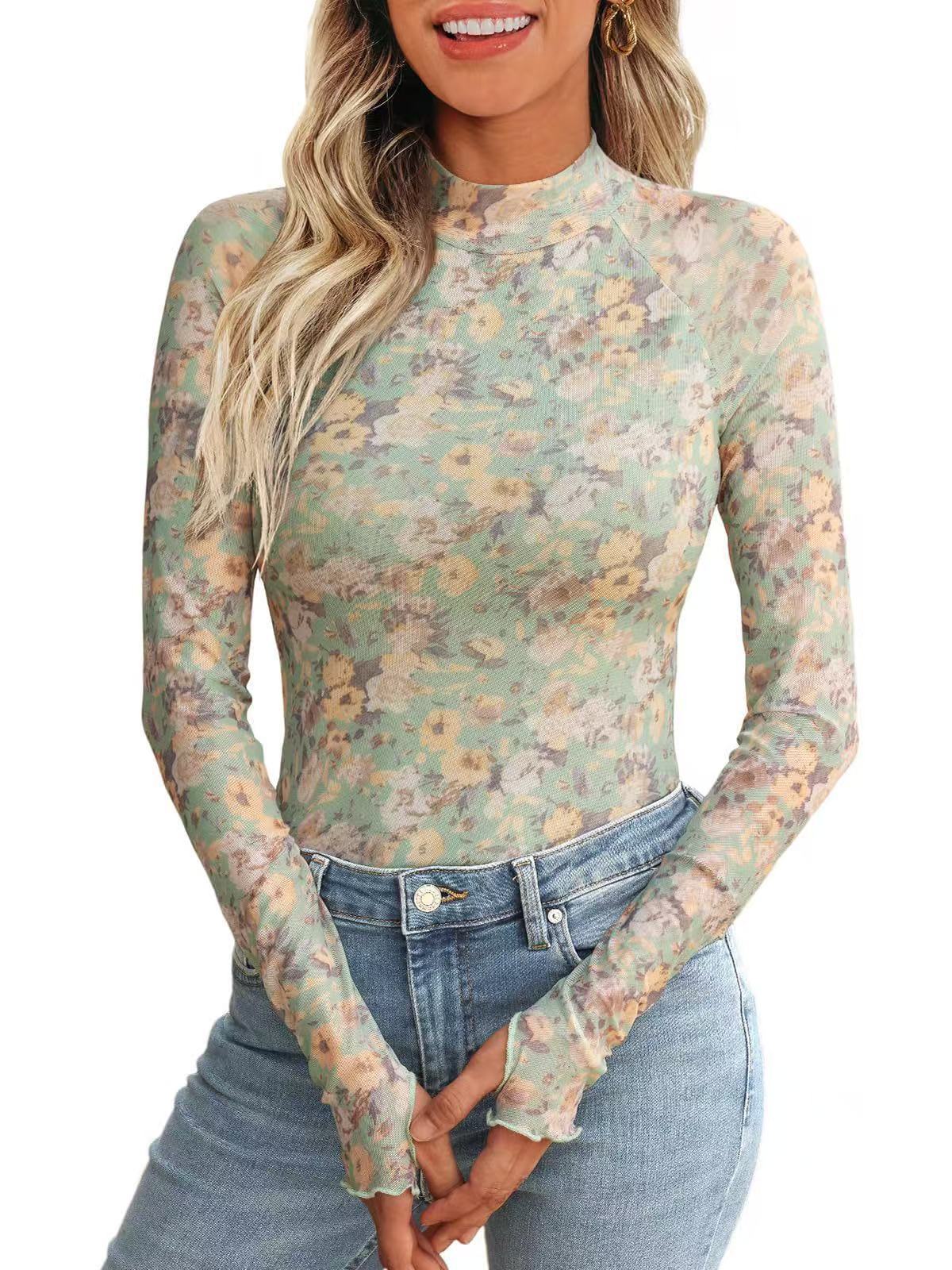 Women's Floral Sheer Mesh Mock Neck Long Sleeve Top