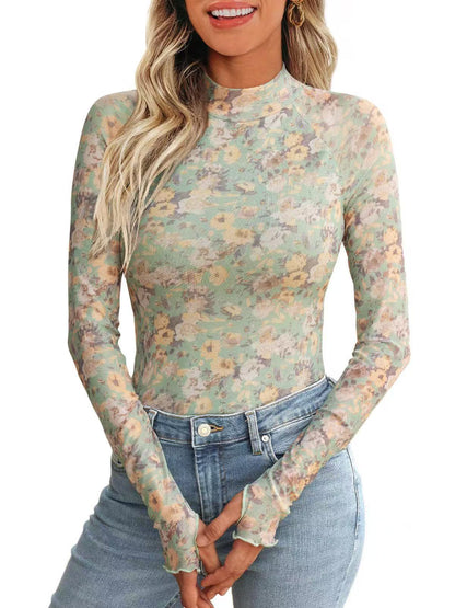 Women's Floral Sheer Mesh Mock Neck Long Sleeve Top