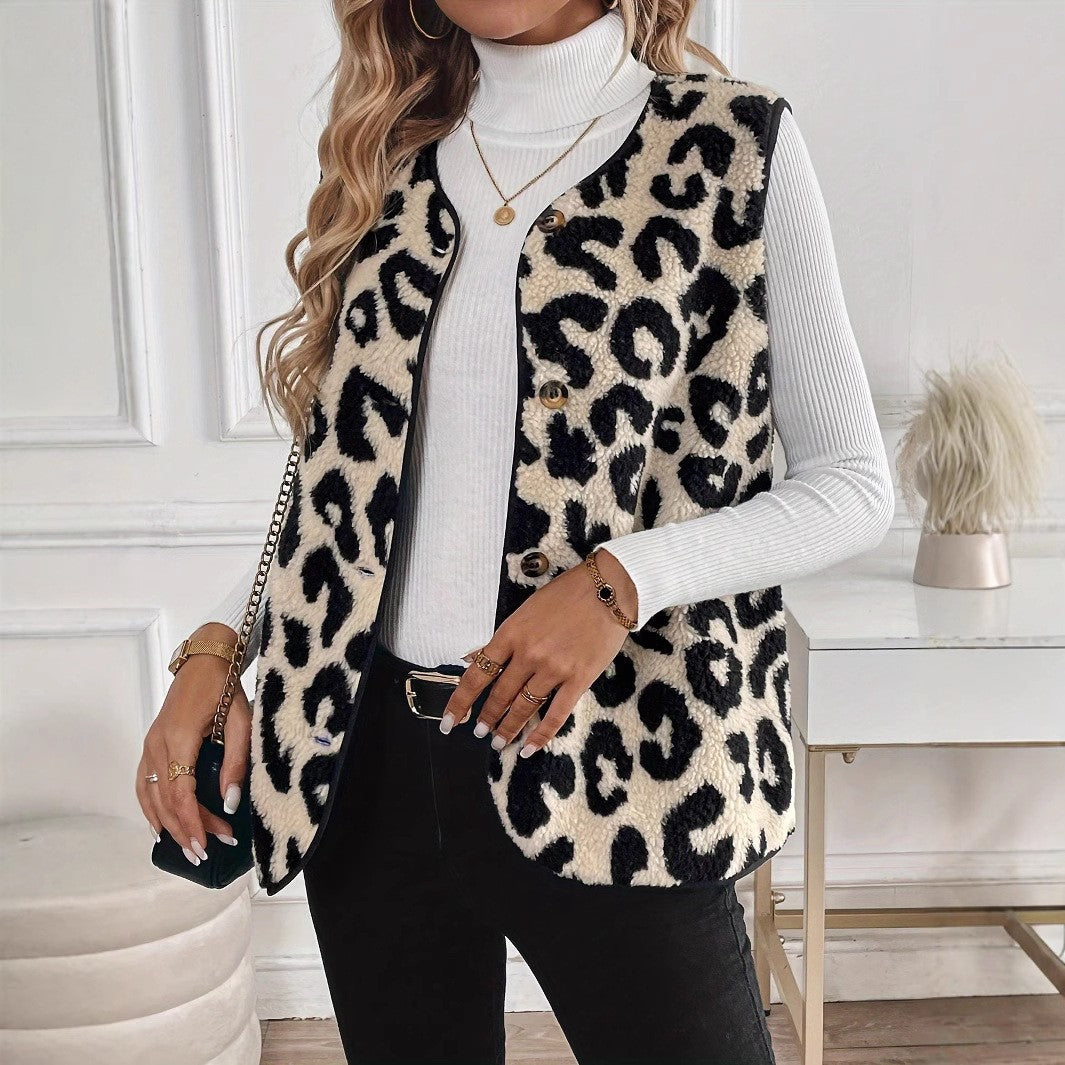 Leopard Print Sherpa Vest Button Front Fuzzy Layering