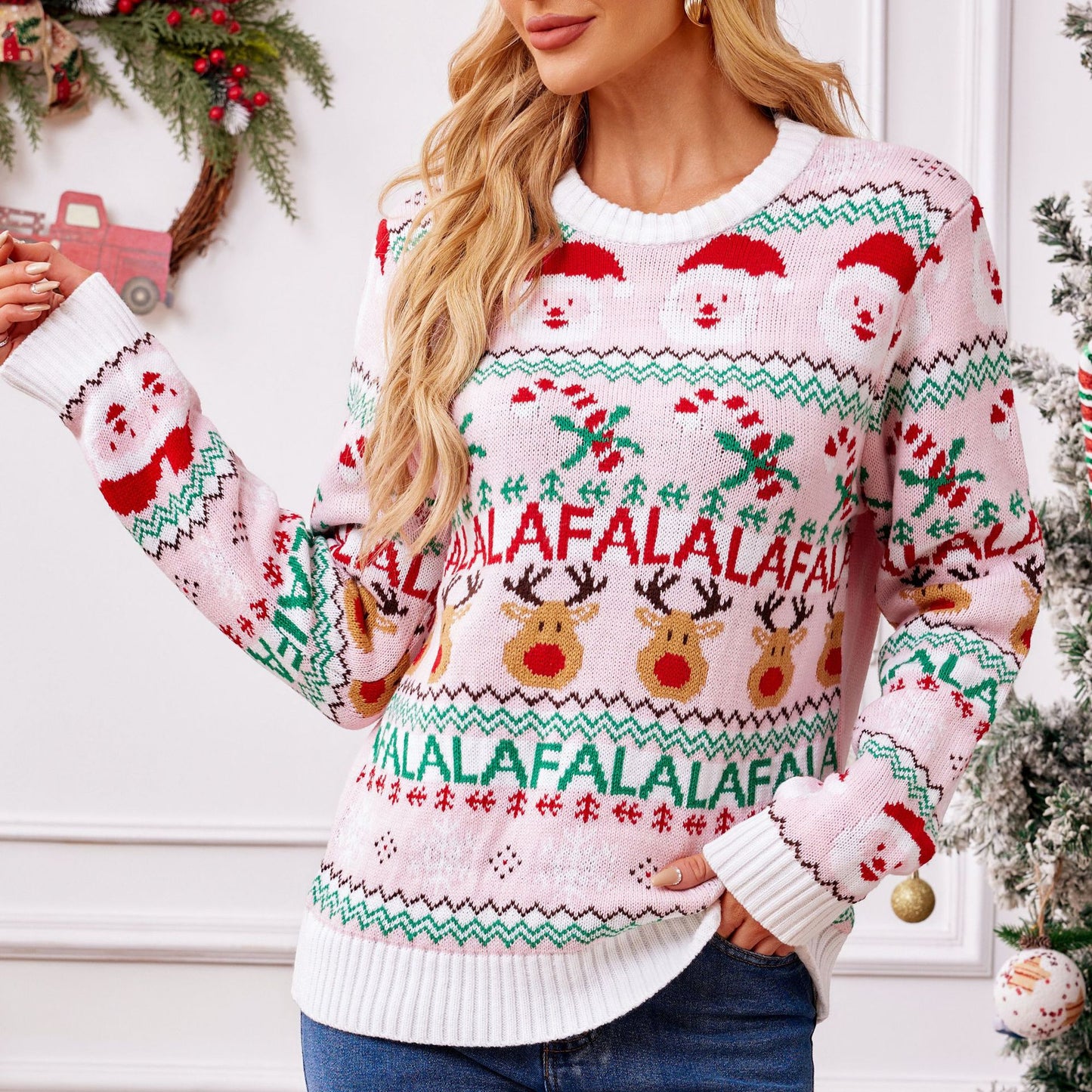 Pink Christmas Reindeer Knit Sweater Pullover for Women