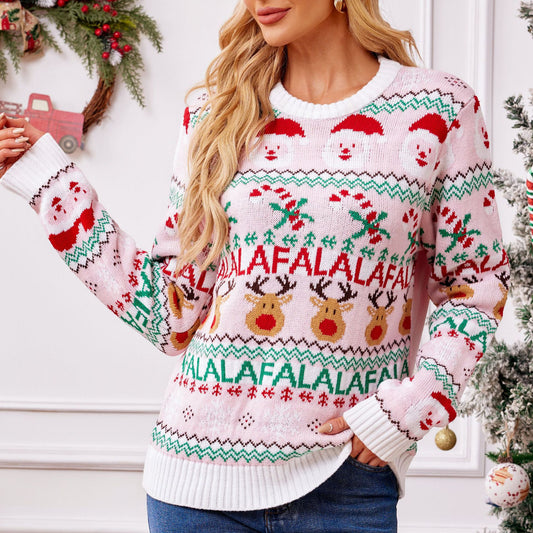 Pink Christmas Reindeer Knit Sweater Pullover for Women