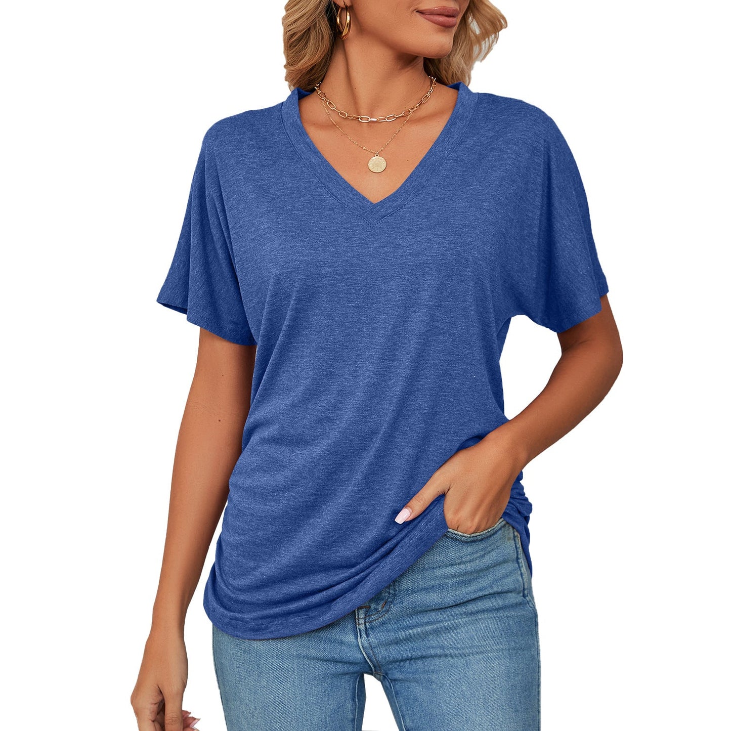 Casual V Neck Loose Fit Short Sleeve T Shirt