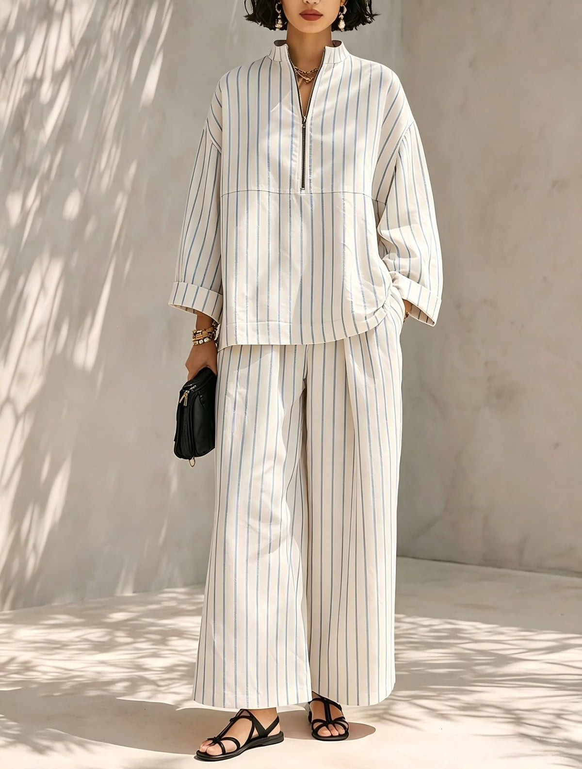 Women's Striped Half Zip Top Wide Leg Pants Set