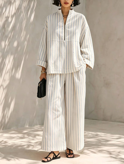 Women's Striped Half Zip Top Wide Leg Pants Set