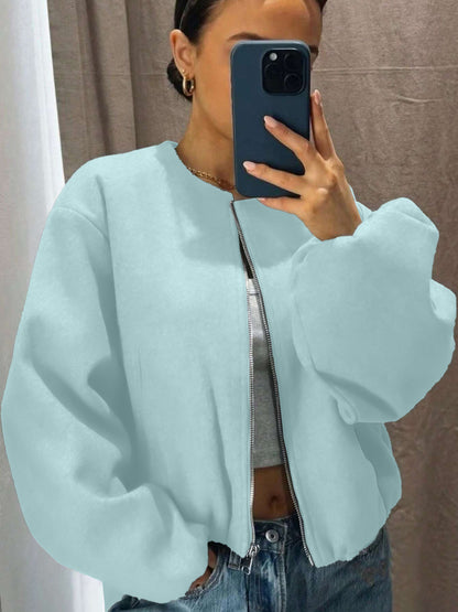 Women's Zip Up Bomber Jacket Lantern Sleeve Streetwear