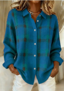 Plaid Collared Button Front Oversized Knit Cardigan