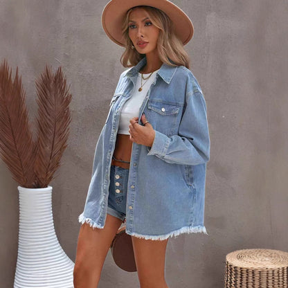 Women's Oversized Denim Shacket Frayed Hem Shirt