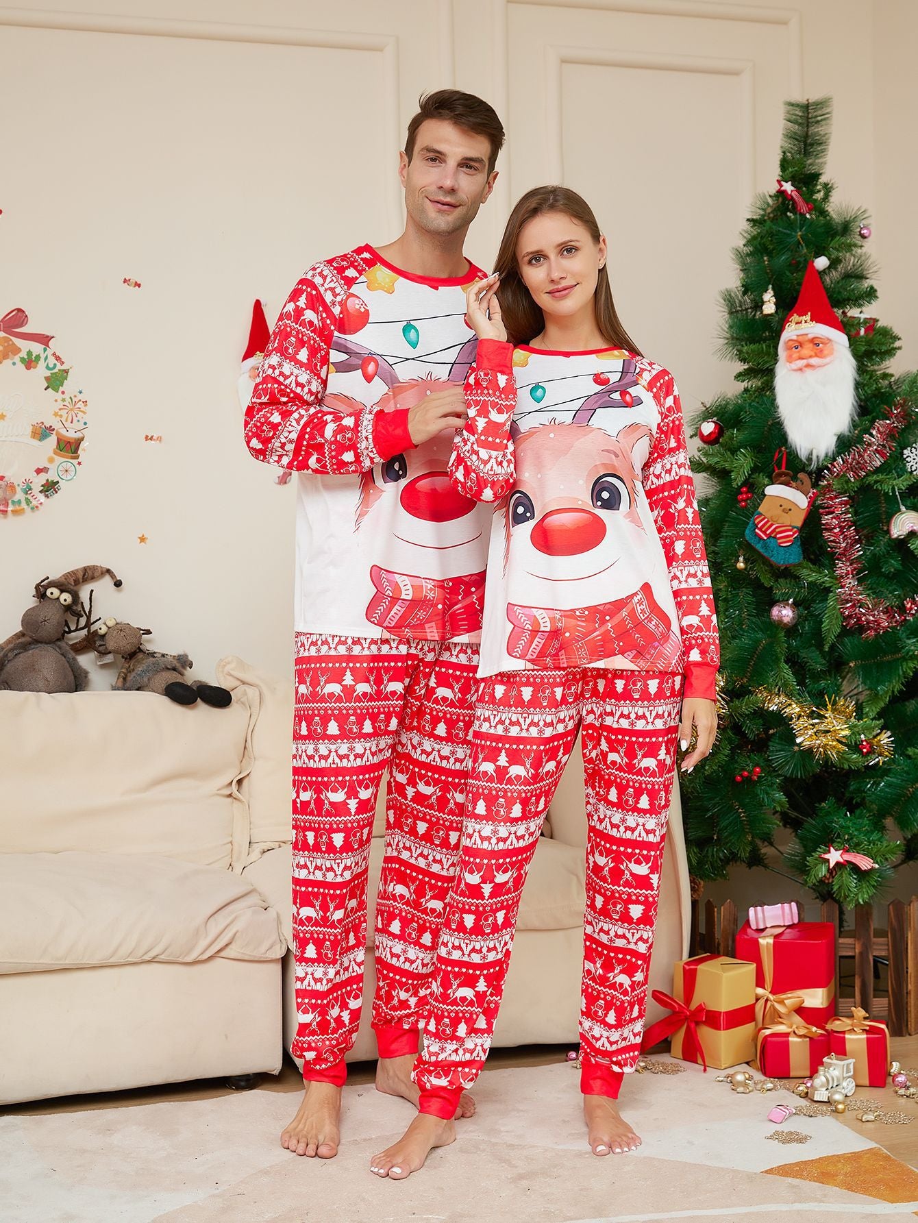 Parent-child Loungewear Deer Print Crew Neck Long-sleeved Christmas Pajama Set