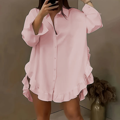 Women's Oversized Ruffle Button Down Shirt Dress