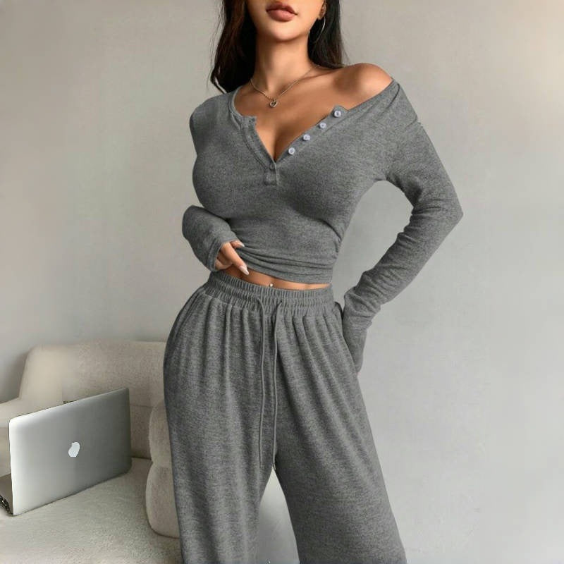 Women's Two Piece Lounge Set Button Top Wide Leg Pants