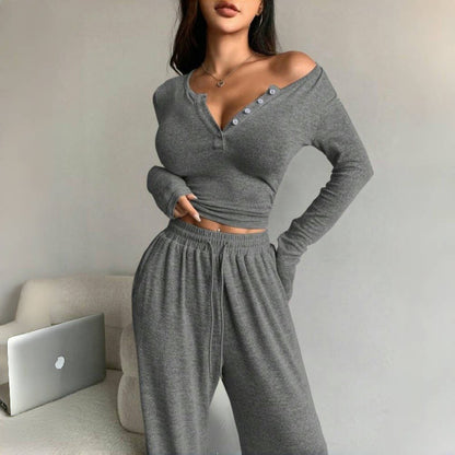 Women's Two Piece Lounge Set Button Top Wide Leg Pants