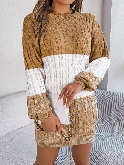 2025 Fall Winter Colorblock Cable Knit Lantern Sleeve Sweater Dress