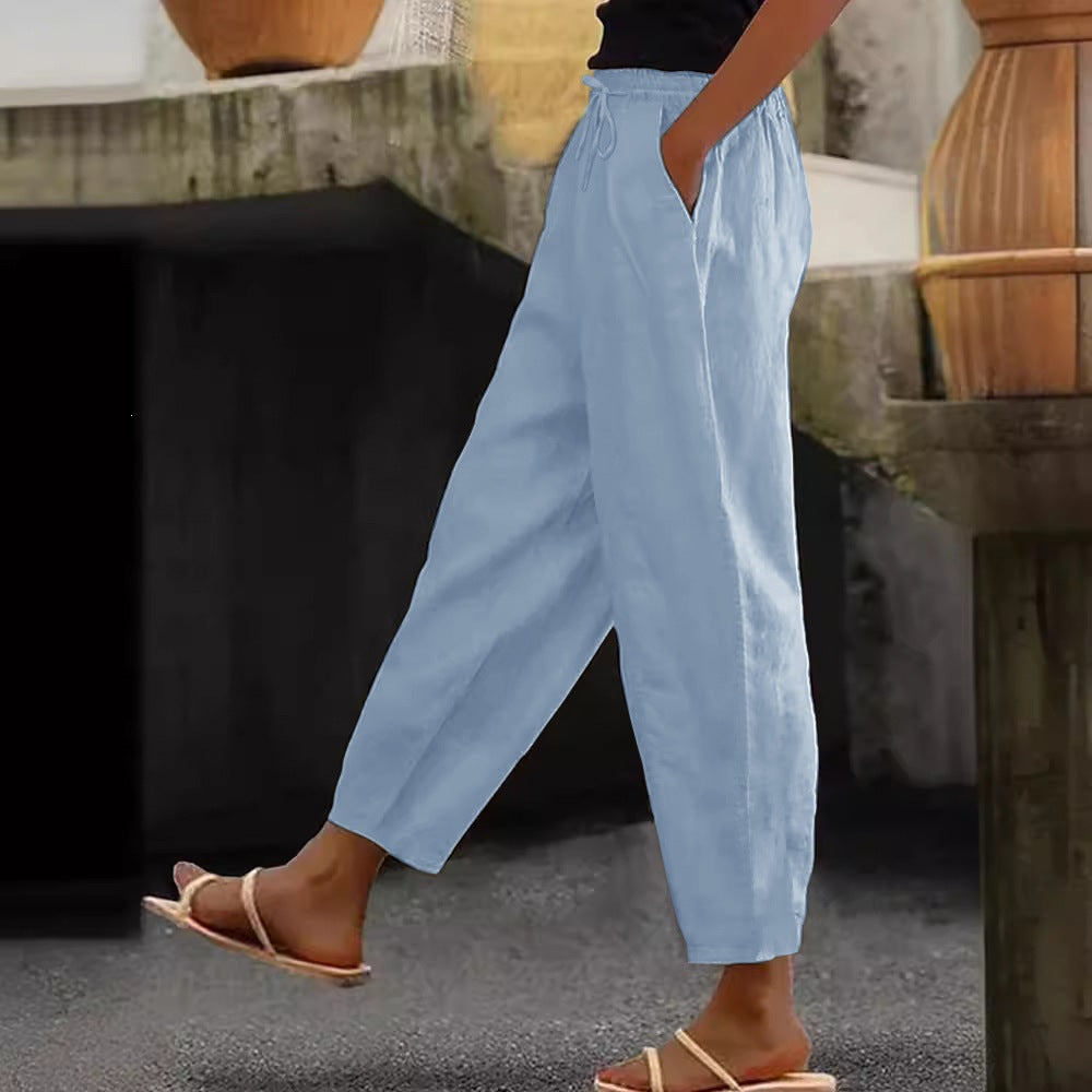 Women's Linen Cotton Drawstring Cropped Pants