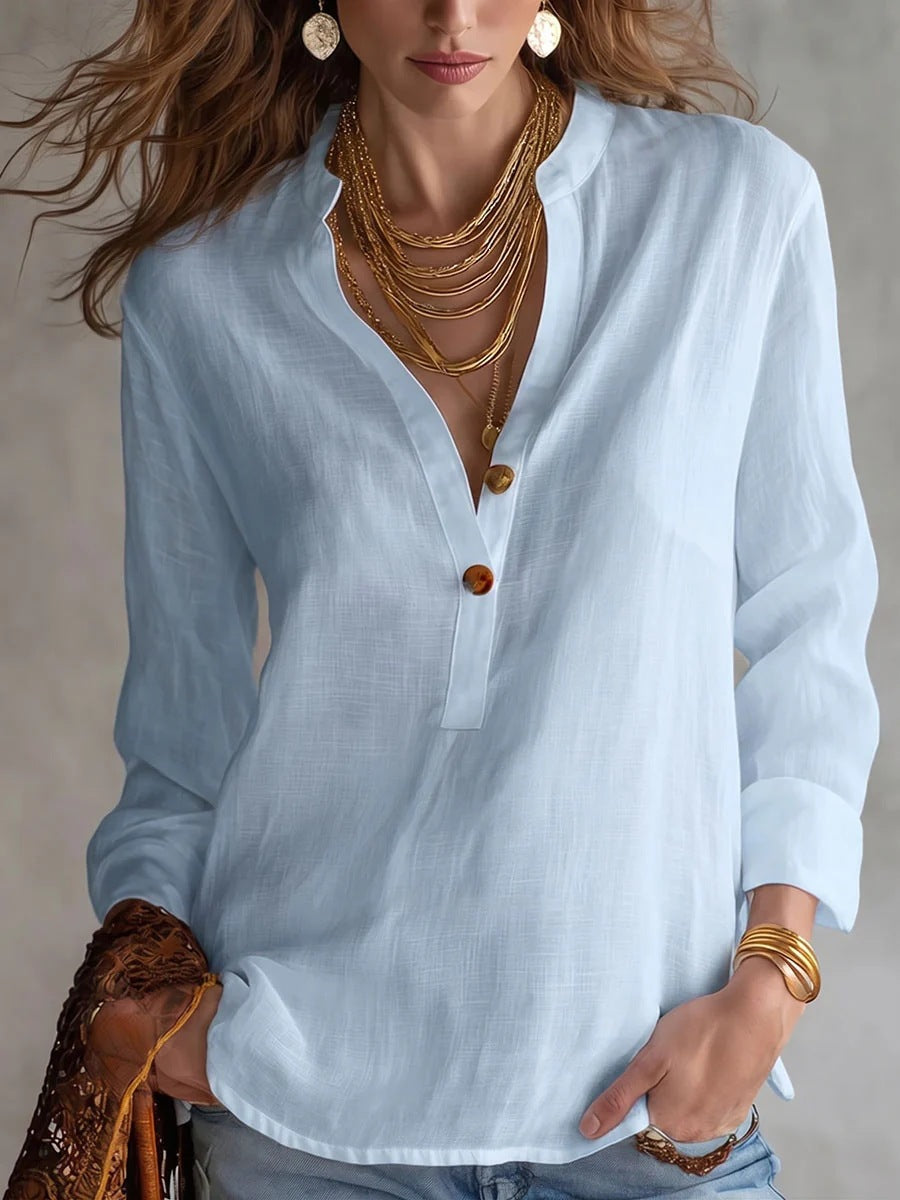 Women's V Neck Button Front Long Sleeve Casual Blouse