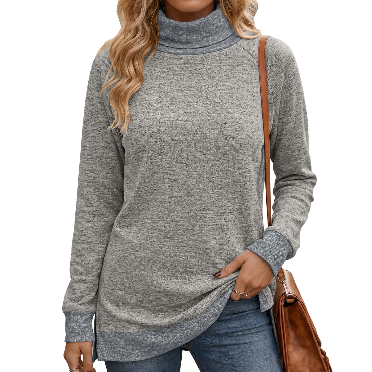 Color Block Turtleneck Long Sleeve Side Slit Tunic Top