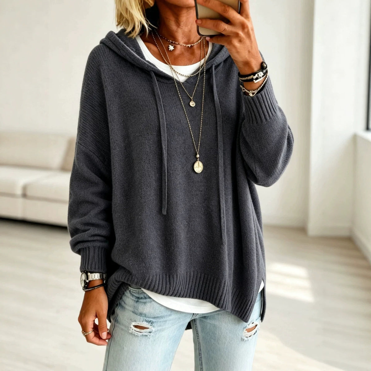 Women's Oversized Hooded Knit Sweater Pullover Drawstring