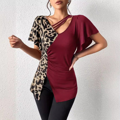 Leopard Print Asymmetric Collar Butterfly Sleeve Top