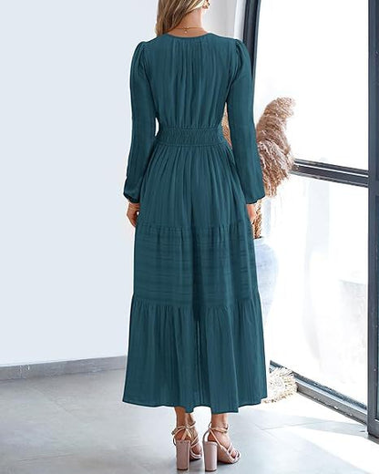 Women's V-Neck Long Sleeve Tiered Maxi Smocked Cotton Dress