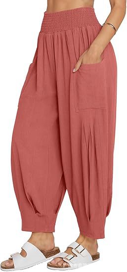 Women's Cotton Linen Harem Pants High Waist Pockets