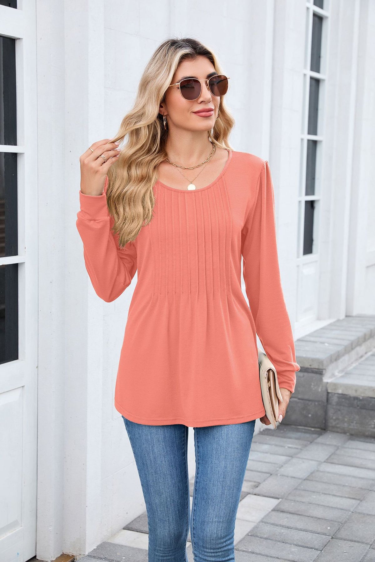 Women's Long Sleeve Pleated Tunic Top Loose Casual Blouse