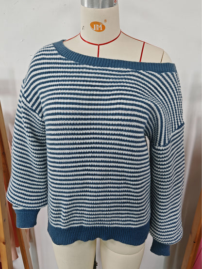 Women's Off Shoulder Striped Balloon Sleeve Sweater