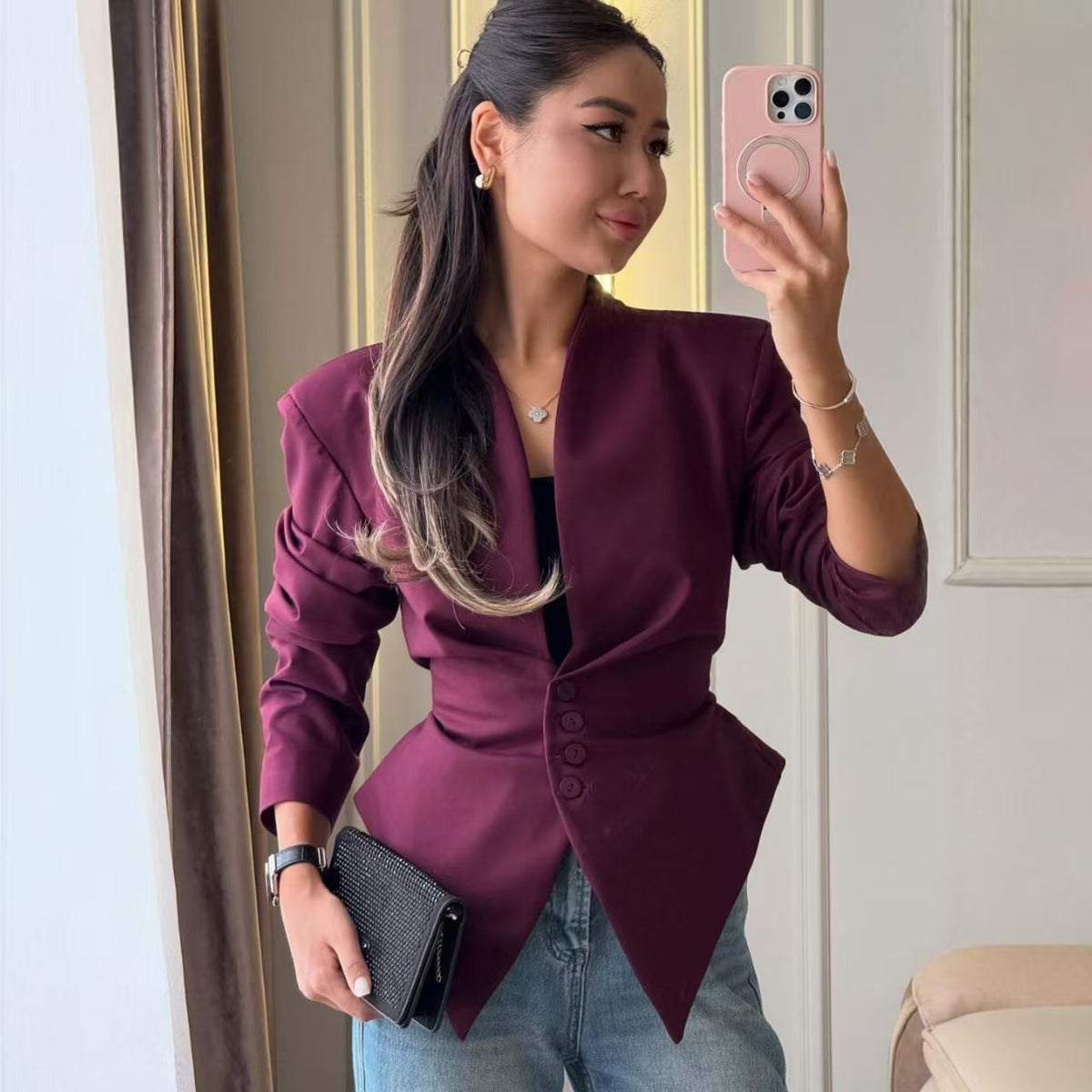Women's V-Neck Cinched Waist Fitted Blazer Jacket