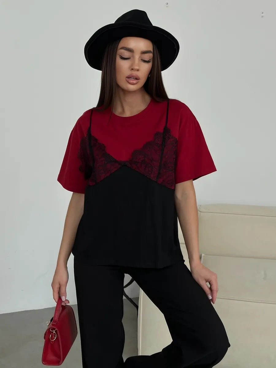 Sexy Lace Splice Loose Tee Top Casual Streetwear Summer Women