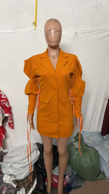 Women's Lace Up Puff Sleeve Blazer Dress Cinched Waist