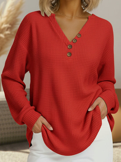 Women's Waffle Knit V Neck Henley Long Sleeve Top