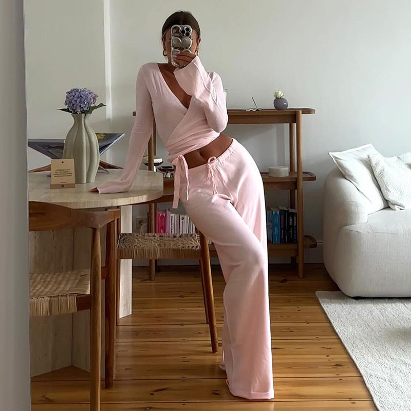 Fleece Flare Sleeve Wrap Top Wide Leg Pants Two Piece Set