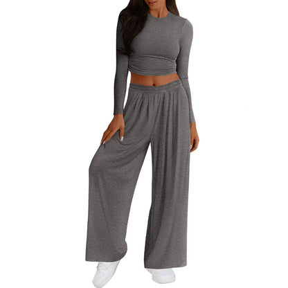 Womens Modal Crop Top Wide Leg Pants Two Piece Lounge Set