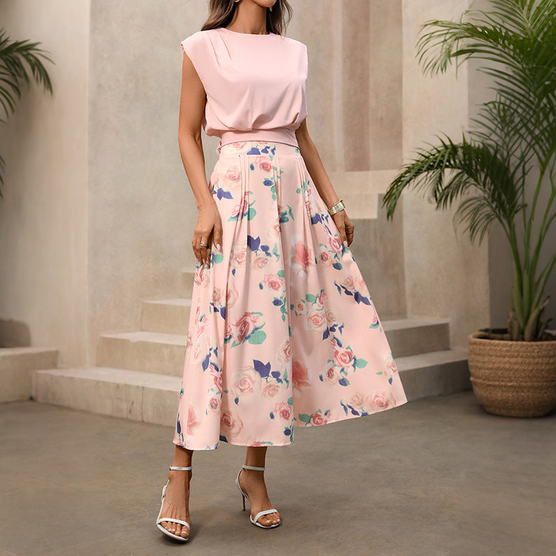 Pink Floral Two Piece Set Padded Shoulder Top Midi Skirt