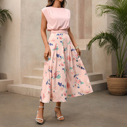 Pink Floral Two Piece Set Padded Shoulder Top Midi Skirt