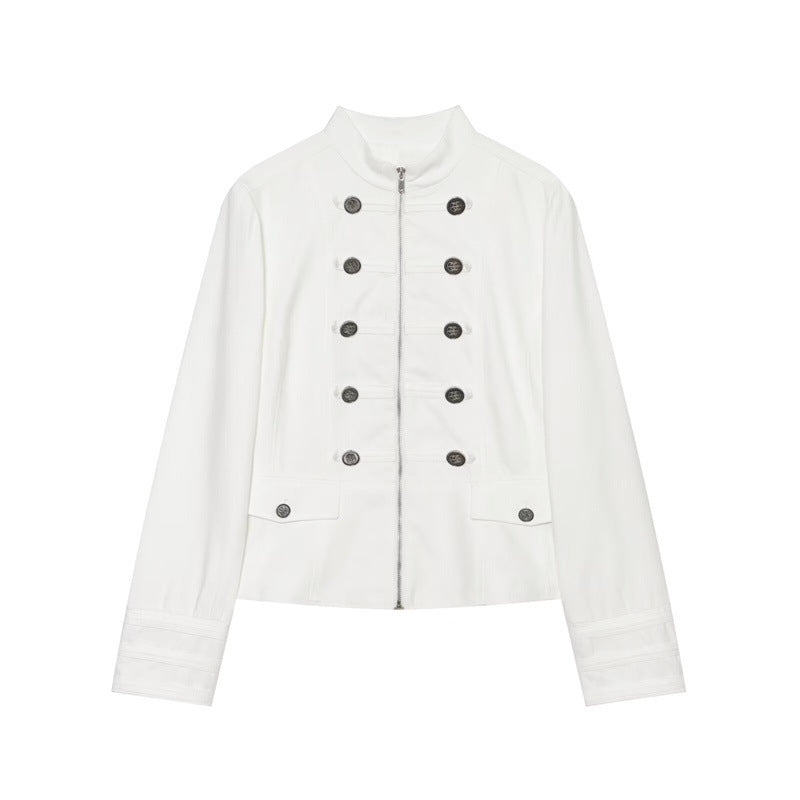 Women's Stand Collar Button Detail Cropped Blazer