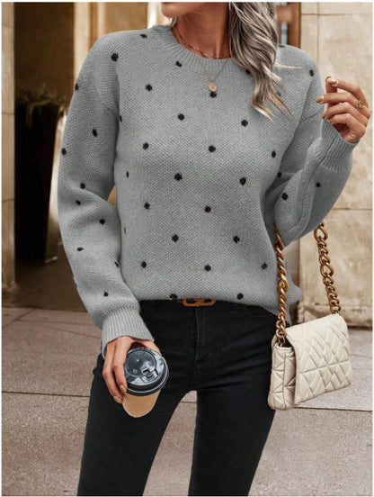 Women's Polka Dot Crew Neck Long Sleeve Sweater