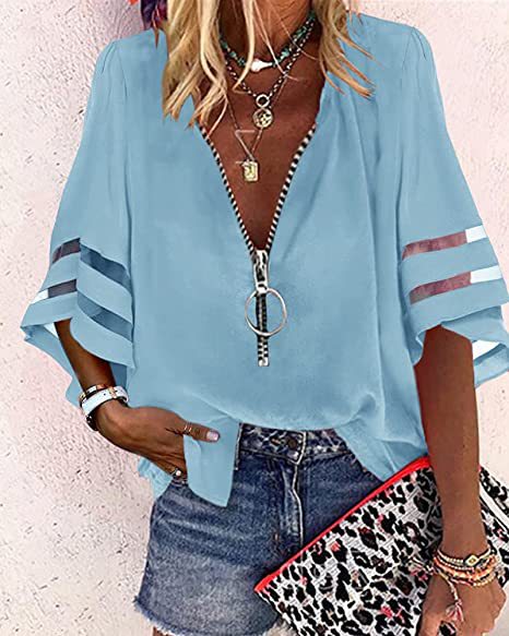 Summer V-Neck Zipper Shirt Half-Flared Sleeve Grid Splicing