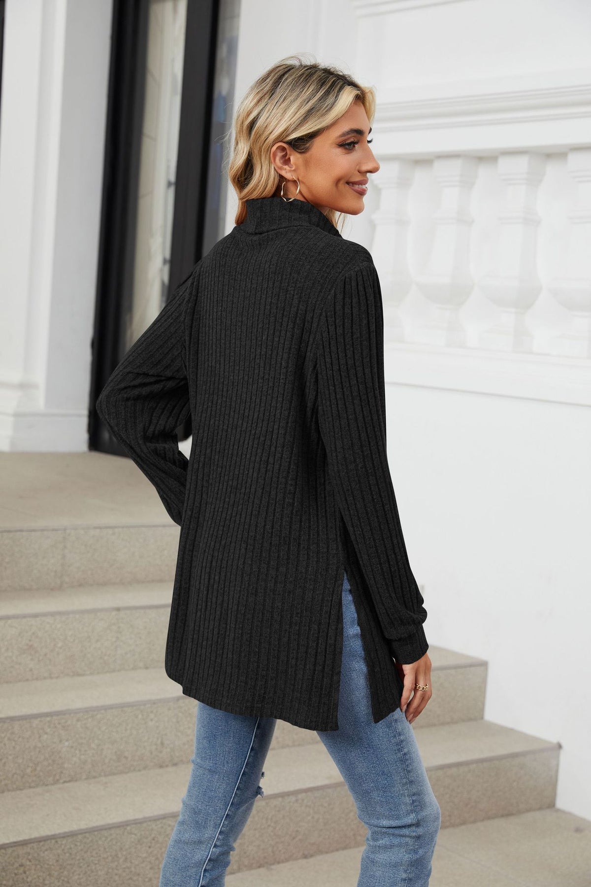 Women's Ribbed Mock Neck Long Sleeve Tunic with Pockets