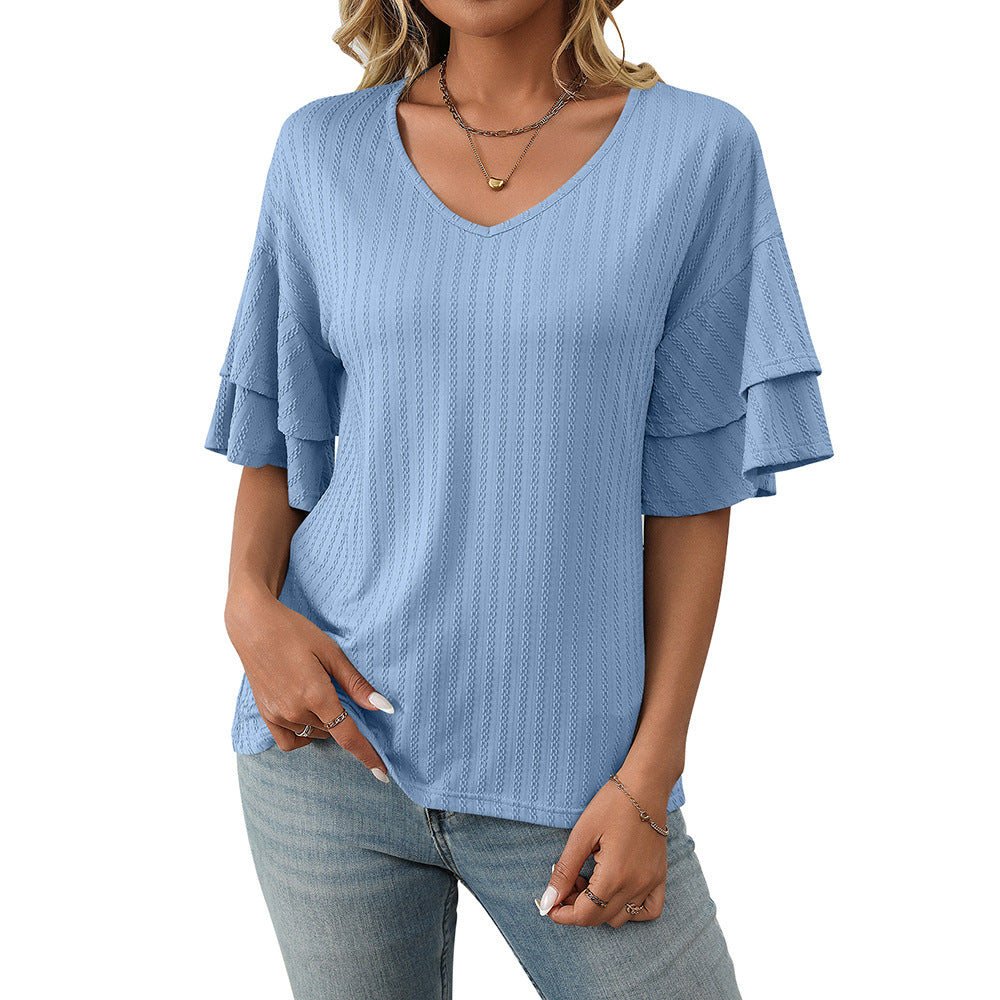 V-Neck Lotus Leaf Sleeve Women’s T-Shirt Top