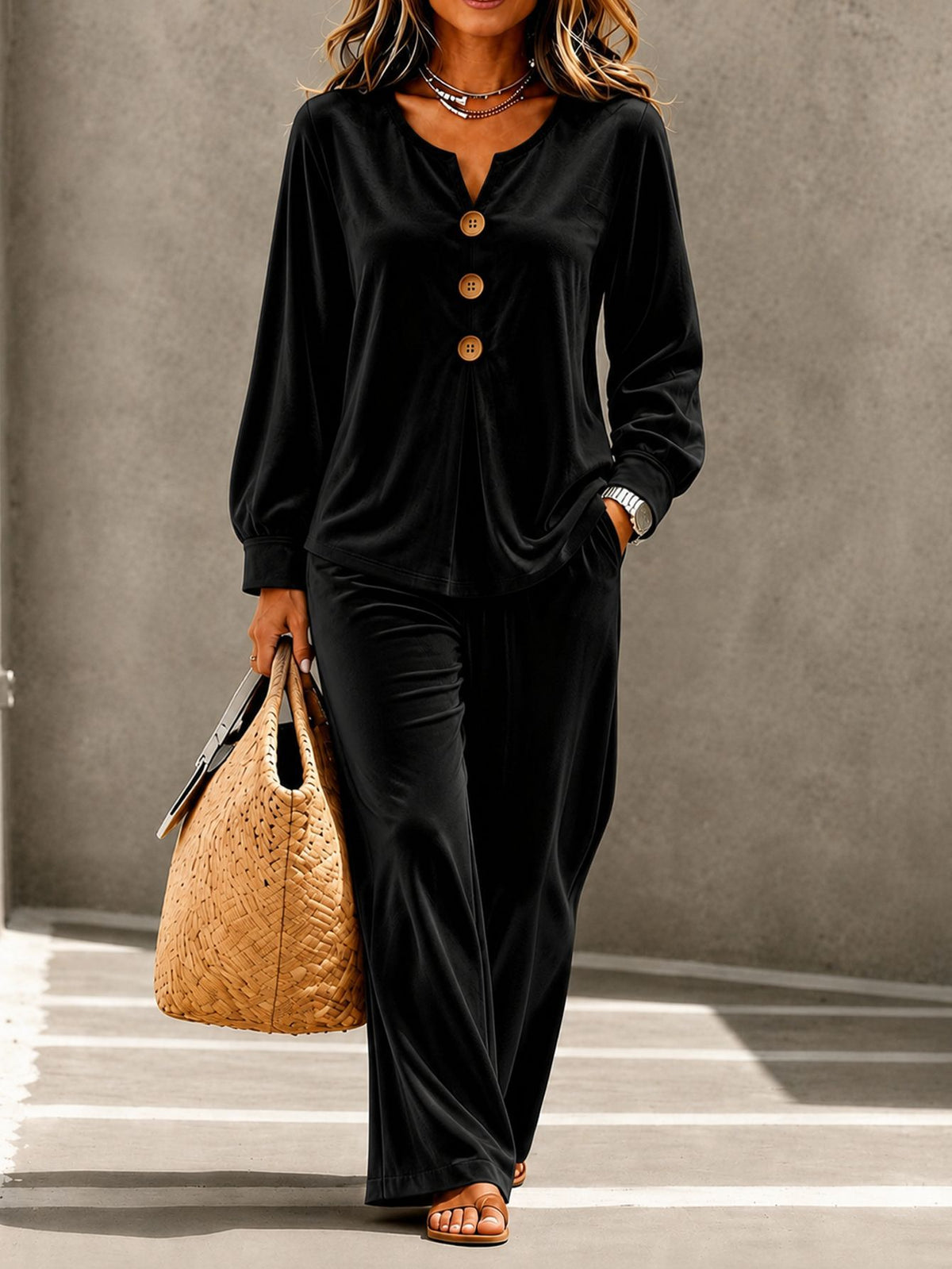 Women's Velvet V-Neck Lounge Set Button Front Top Pants