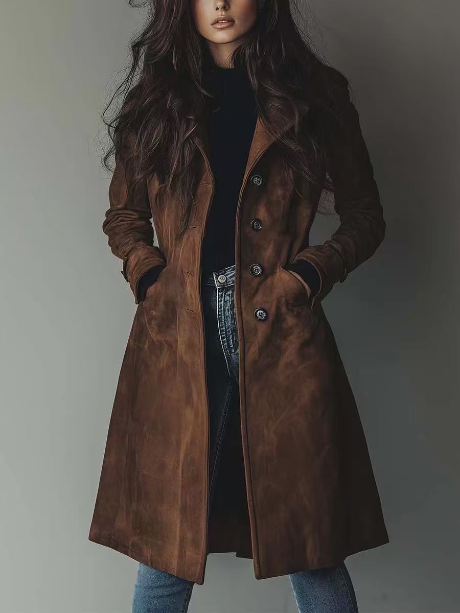 Women's Brown Faux Suede Long Trench Coat
