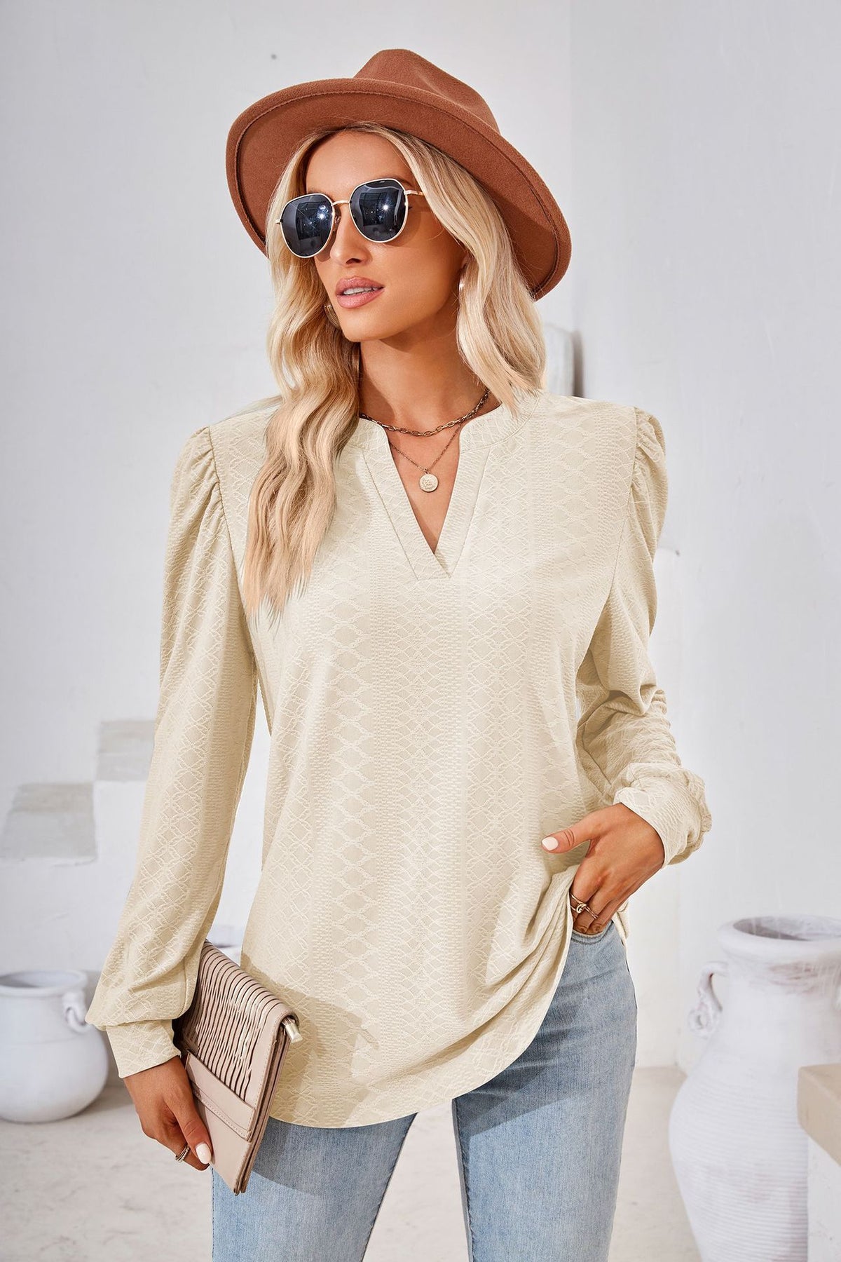 Women's V Neck Puff Sleeve Textured Tunic Top Long Sleeve