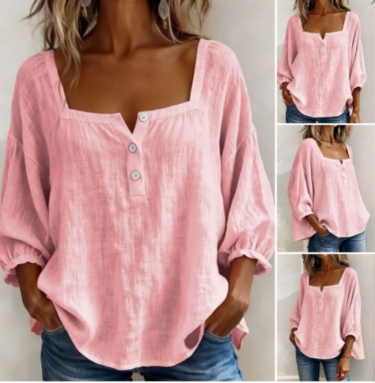 Women's Square Neck Puff Sleeve Button Loose Blouse Top