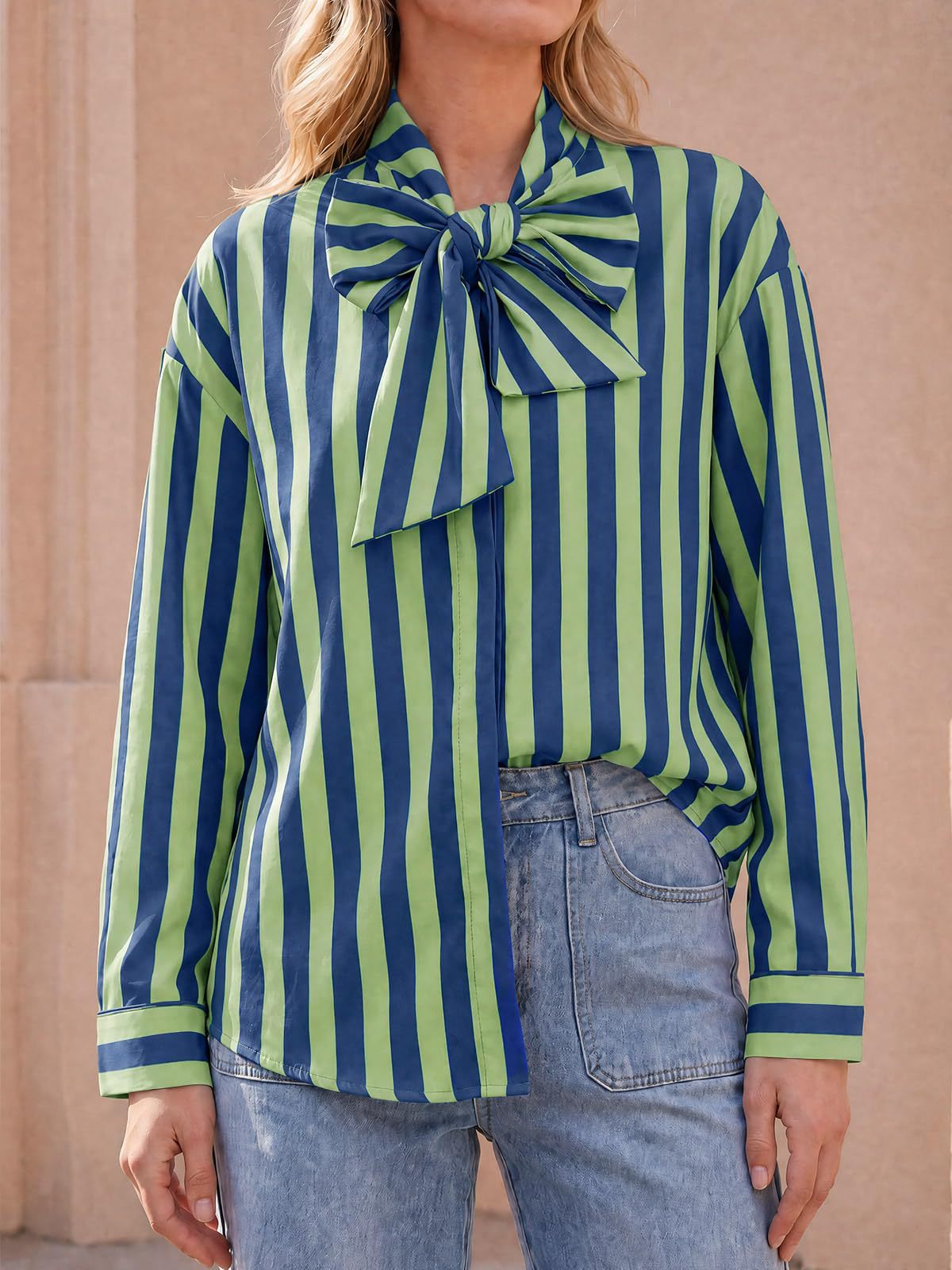 Women's Striped Tie Neck Long Sleeve Blouse Casual
