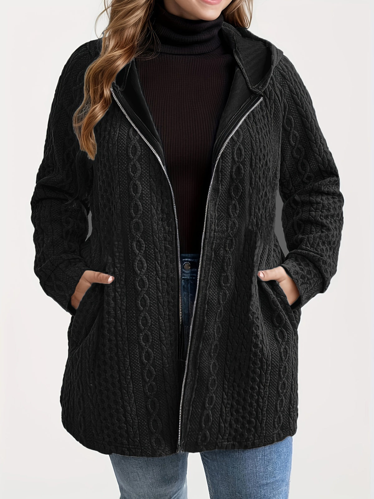 Plus Size Hooded Cable Knit Zip Jacket Pockets